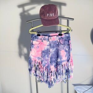 K I M  Denim Fringe Shorts In  Purple And Pink Tie Dye Print